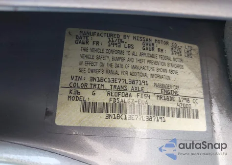 2007 Nissan Versa 1.8Sl from USA, damaged, VIN 3N1BC13E77L387191